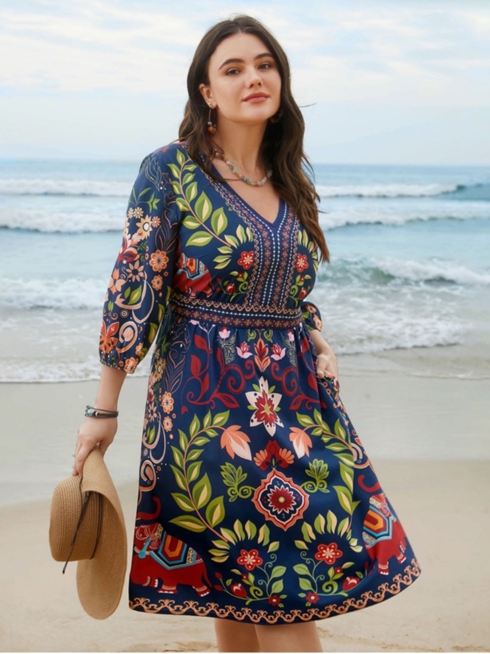 BloomChic Navy Multicolor Floral & Elephant Print Midi Dress - Picture 10 of 13